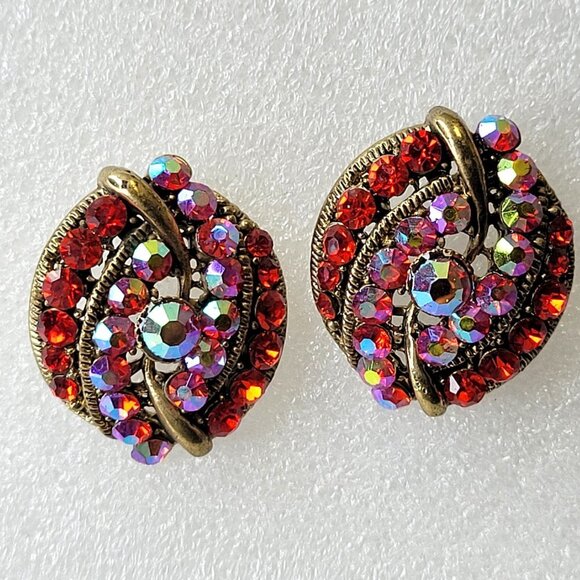 Red and Aurora Borealis Rhinestone Earrings - Picture 1 of 9